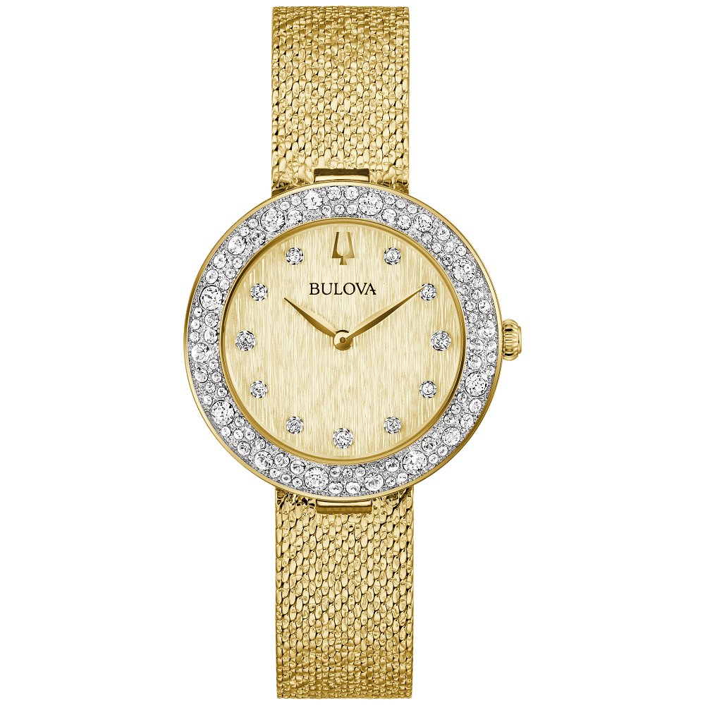 Bulova Gold-Tone Stainless Steel Dress/Classic Crystal Champagne Ladies Watch (042429599703) 98L321