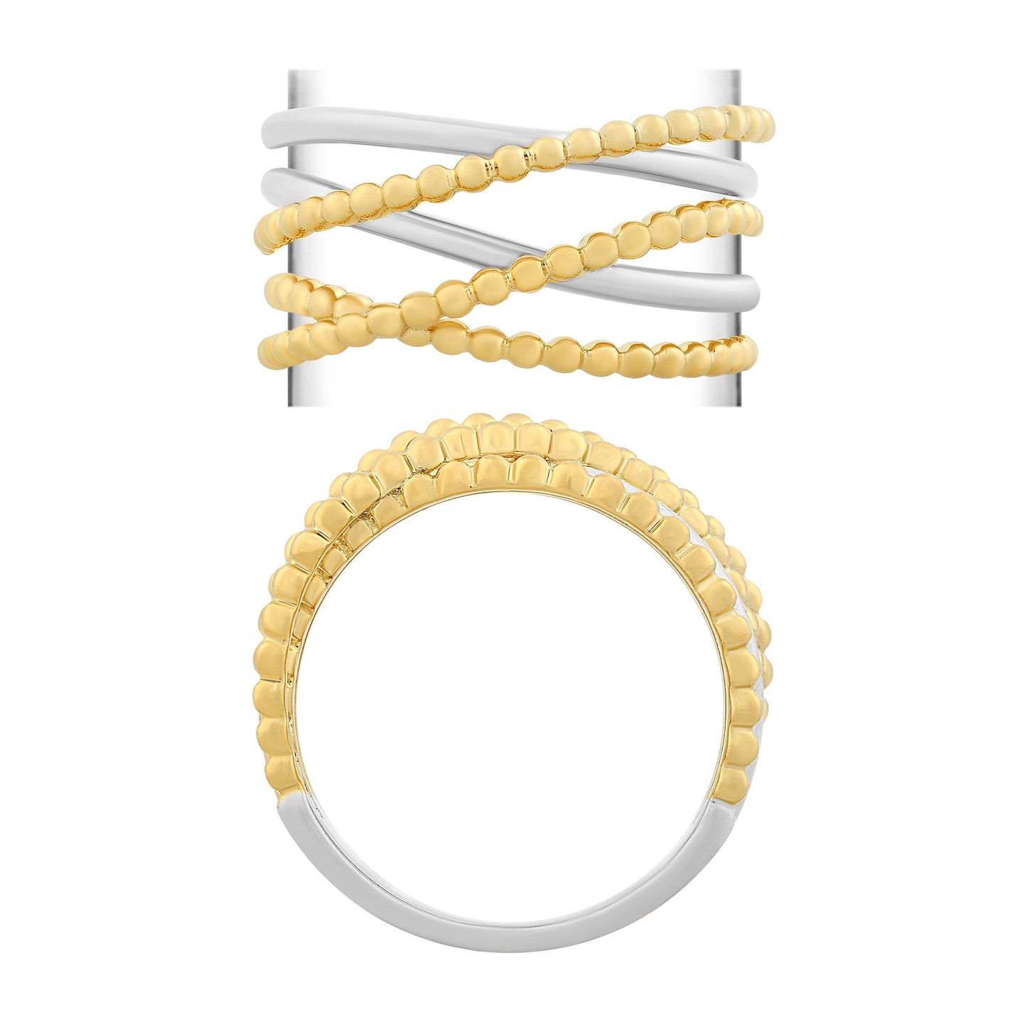 NAVI-STERLING SILVER AND 14KT YELLOW GOLD PLATED POLISHED AND BEADED 5 STRAND RING