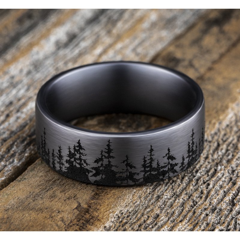 8mm Grey Tantalum Treeline Pattern Wedding Band (9039387164902) (10800540319937)