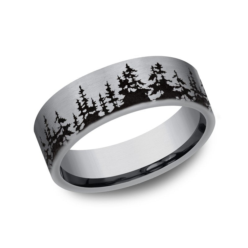 8mm Grey Tantalum Treeline Pattern Wedding Band (9039387164902) (10800540319937)