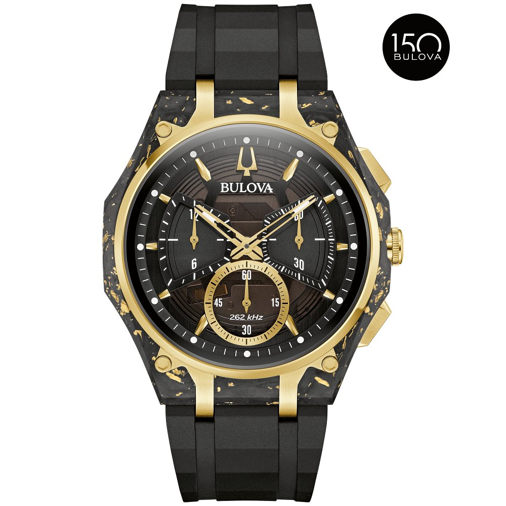 Bulova Black Stainless Steel 316L + Forged Carbon Luxury Curv Progressive Sport Mens Watch (042429605367) 98A328