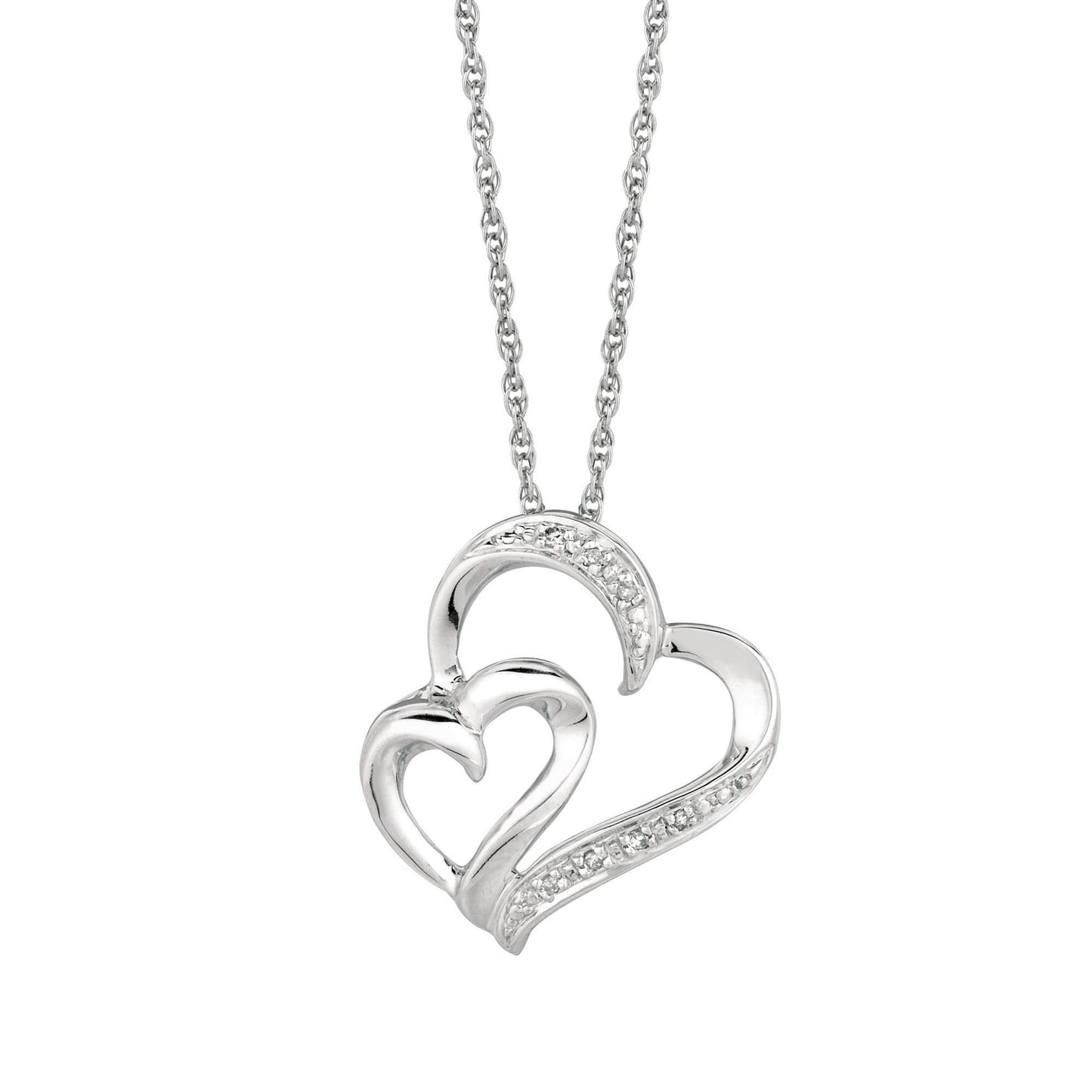 Silver 18 inches Rhodium Finish Shiny 1.1mm Cable Chain with Lobster Clasp+0.03Ct White Diamond One Small+One Large Open Heart Pendant (5688356536475) (10220991676609)