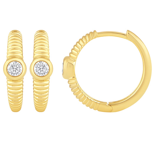 NAVI-STERLING SLIVER AND 14KT YELLOW GOLD PLATED RIDGED BEZEL DIAMOND HOOP EARRINGS WITH 2RD LAB GROWN DIAMONDS APPROX. 1/5CTW GH/SI