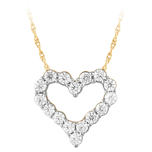 NAVI-STERLING SILVER AND 14KT YELLOW GOLD PLATED LAB GROWN HEART OUTLINE PENDANT WITH 16RD LAB GROWN DIAMONDS APPROX. 1/2CTW GH/SI 18"