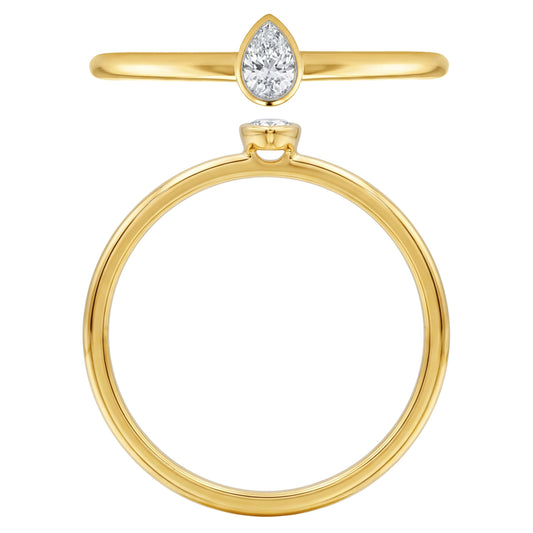 NAVI-STERLING SILVER AND 14KT YELLOW GOLD PLATED BEZEL SET PEAR LAB GROWN DIAMOND STACKABLE RING APPROX. 1/10CT GH/SI