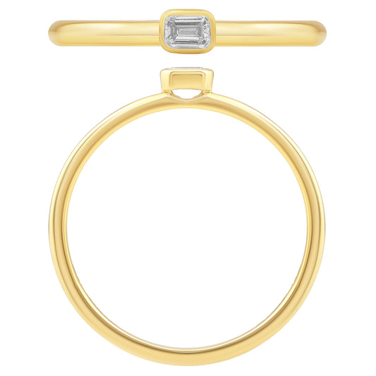 NAVI-STERLING SILVER AND 14KT YELLOW GOLD PLATED BEZEL SET EMERALD CUT LAB GROWN DIAMOND STACKABLE RING APPROX. 1/10CT GH/SI