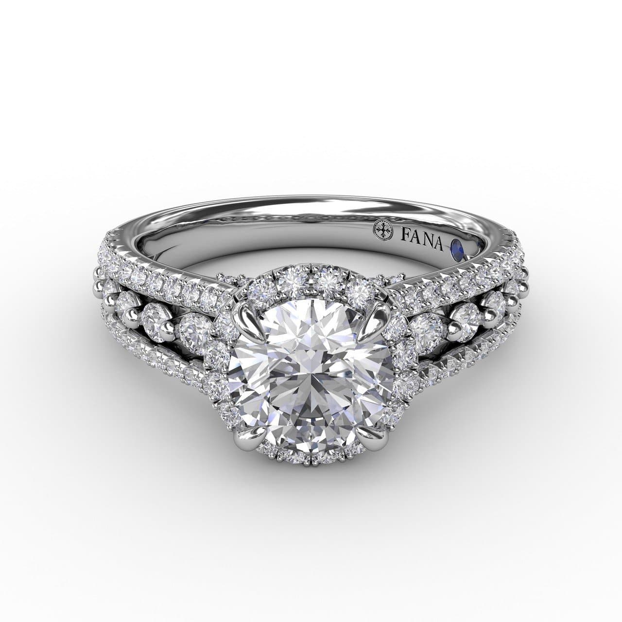 Classic Round Diamond Halo Engagement Ring With Triple-Row Diamond Band (5552776937627) (10221019005121)