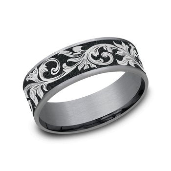 8mm Black Titanium and Grey Tantalum Script Pattern Wedding Band (9039386706150)