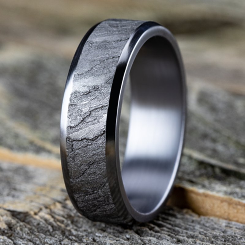 7mm Grey Tantlaum Lava Rock Texture Wedding Band (9039387099366) (10800540418241)