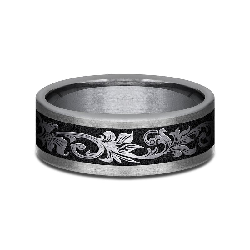 8mm Black Titanium and Grey Tantalum Script Pattern Wedding Band (9039386706150) (10800540778689)