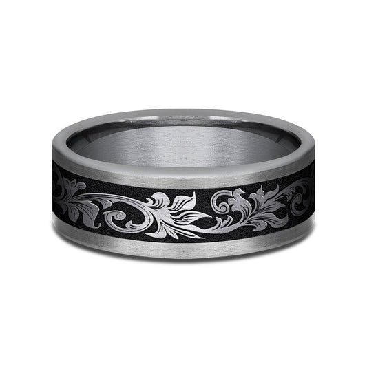 8mm Black Titanium and Grey Tantalum Script Pattern Wedding Band (9039386706150) (10800540778689)