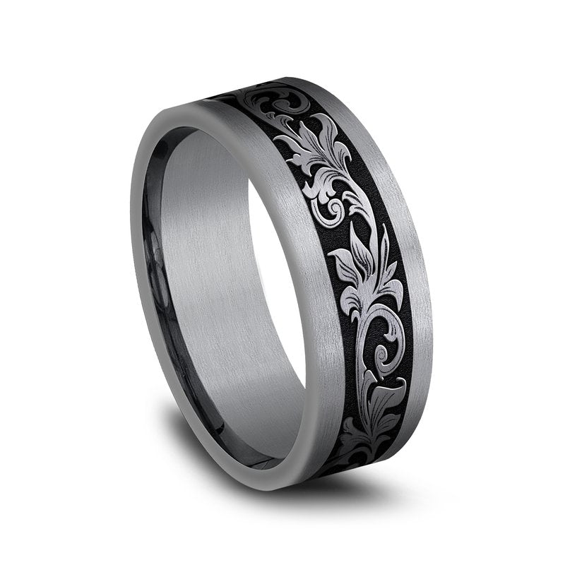 8mm Black Titanium and Grey Tantalum Script Pattern Wedding Band (9039386706150)